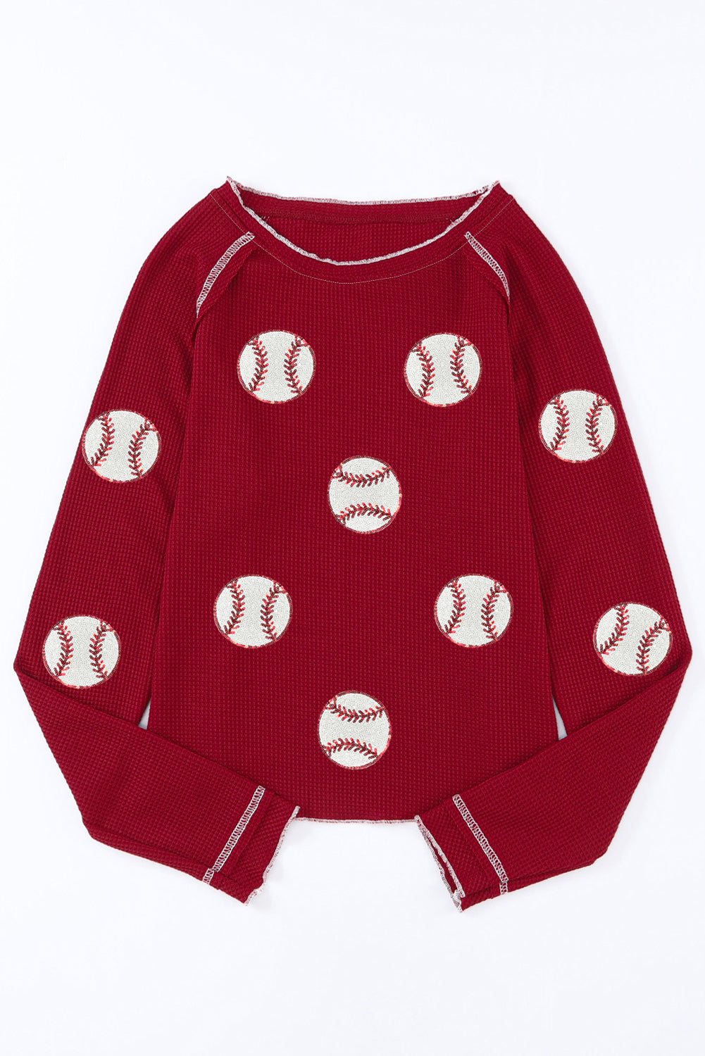 Red Baseball Patched Patterned Game Day Waffle Raglan Top