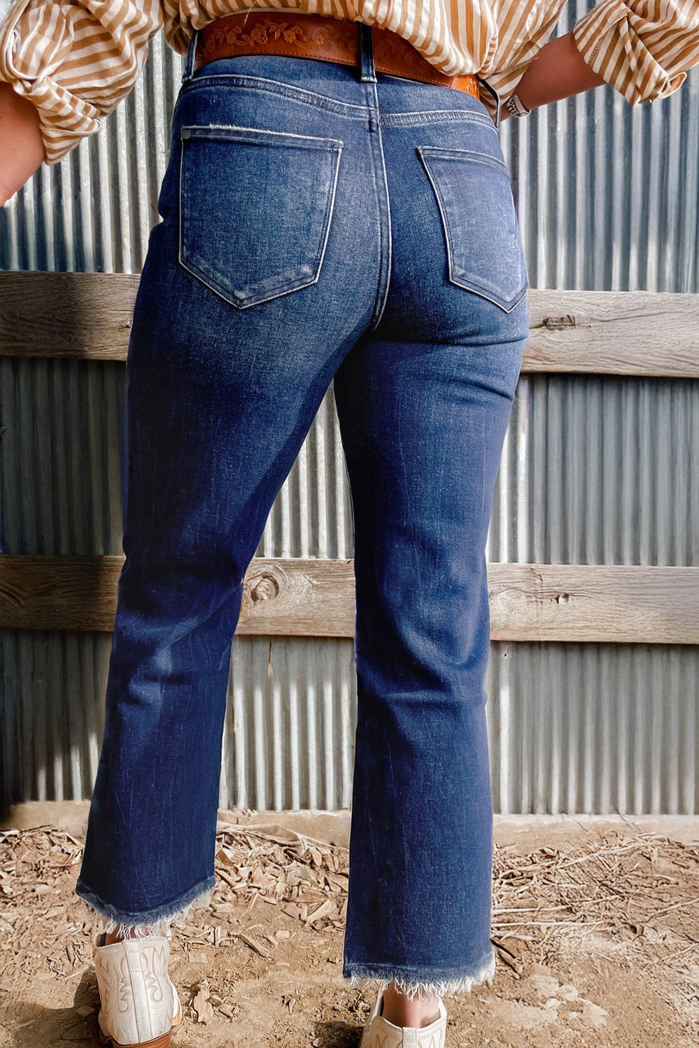 Sail Blue Turquoise Pattern Raw Edge Cropped High Waist Jeans