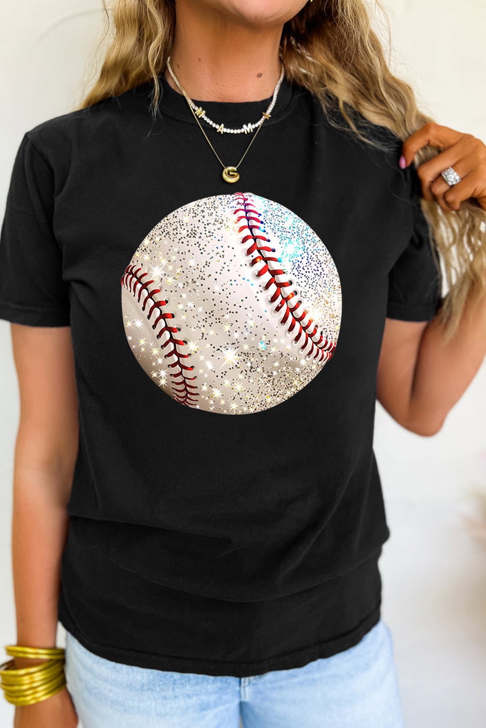 Black Heat Transfer Baseball Print Cotton Blend T Shirt