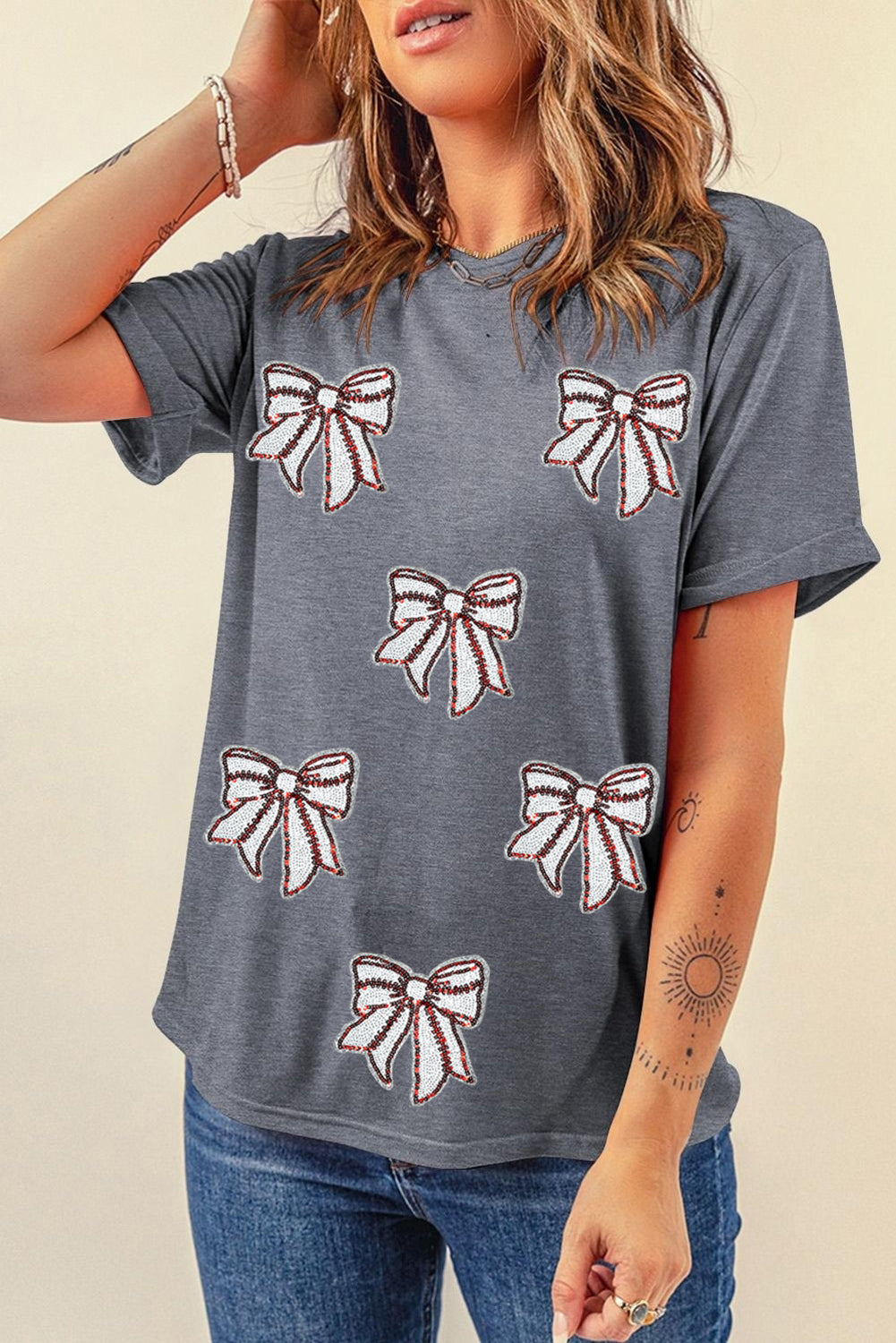 Gray Sequin Bow Baseball Fashion Graphic Tee