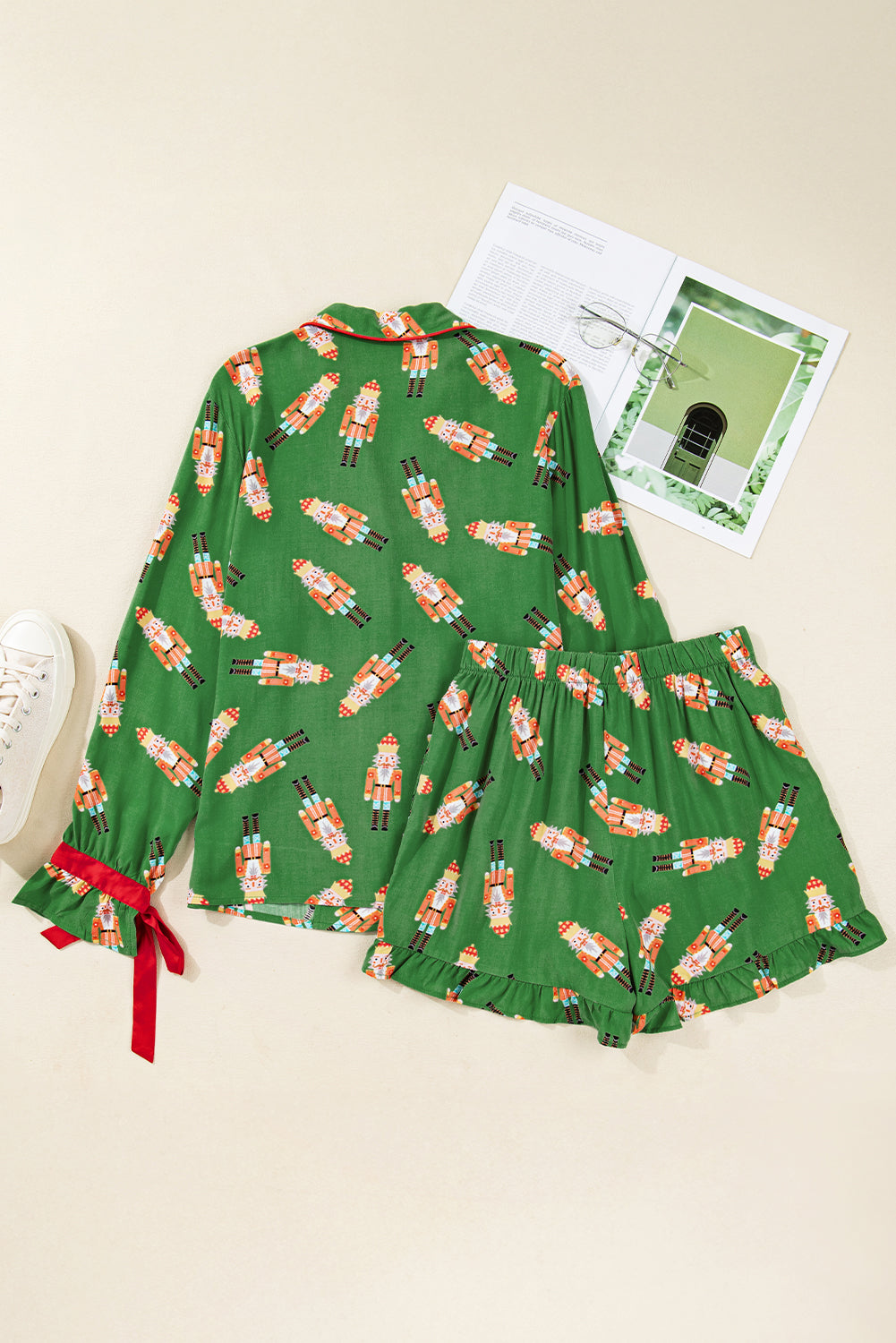 Green Christmas Candy Contrast Trim Bow Knot Silky 2pcs Pajama Set
