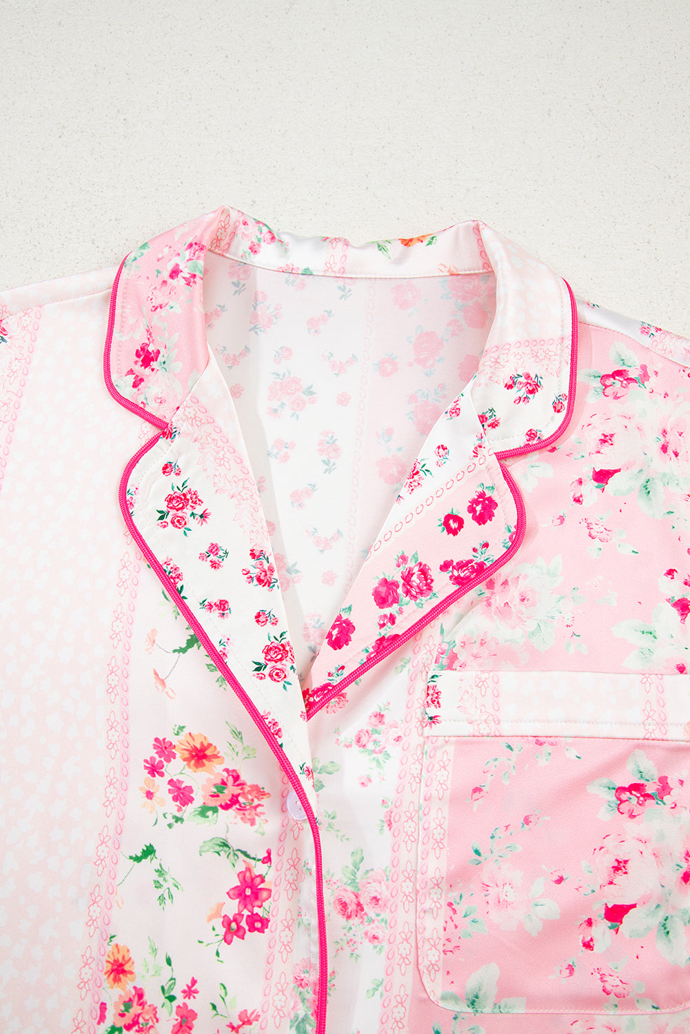 Pink Mixed Floral Print Contrast Piping Trim Satin Tie 2pcs Pajama Set