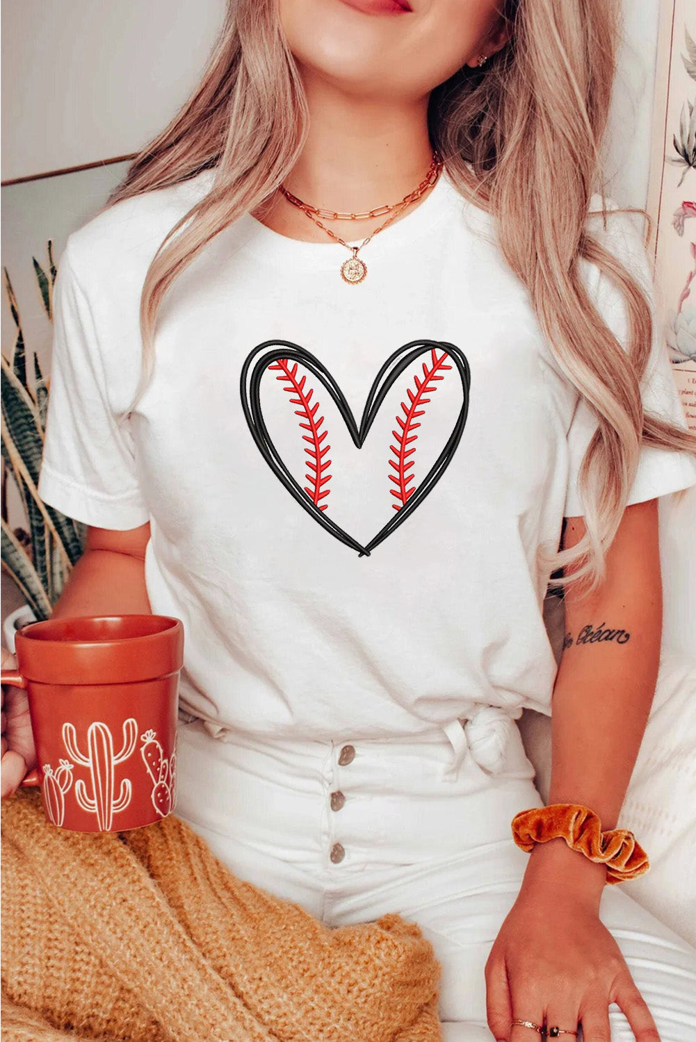 White Baseball Heart Shape Embroidery Graphic Tee