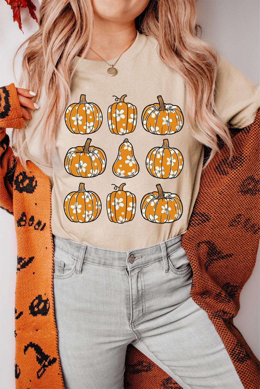 Khaki Floral Pumpkin Print Casual T Shirt