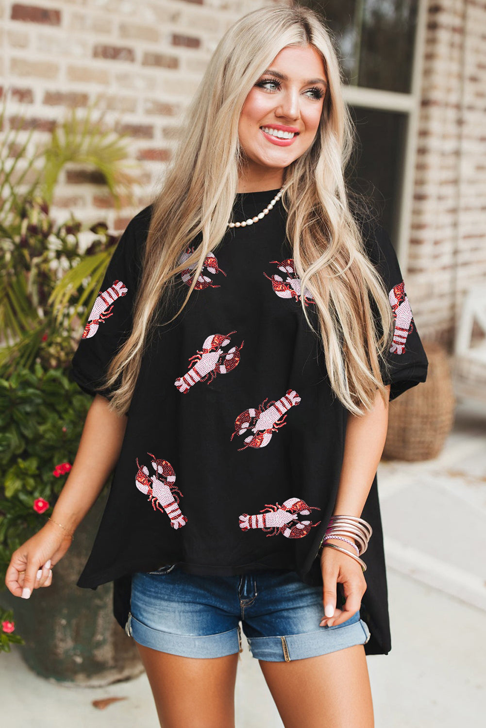 Black Sequin Crayfish Graphic Drop Sleeve High Low Tee