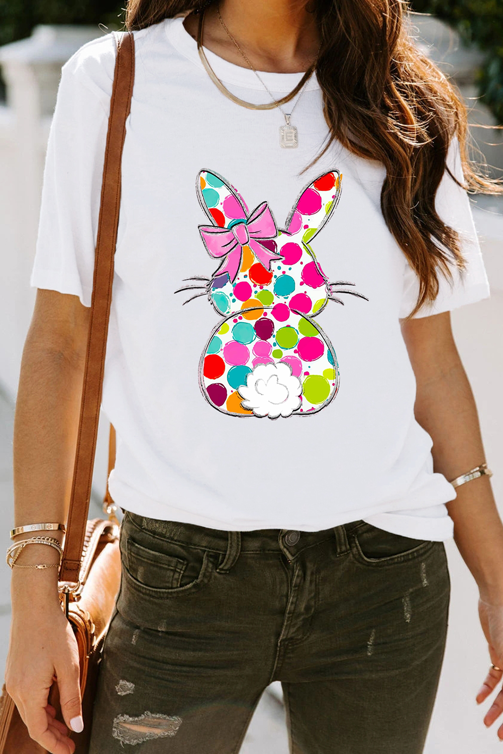 White Polka Dot Bow Rabbit Graphic Crewneck Easter Fashion Tee