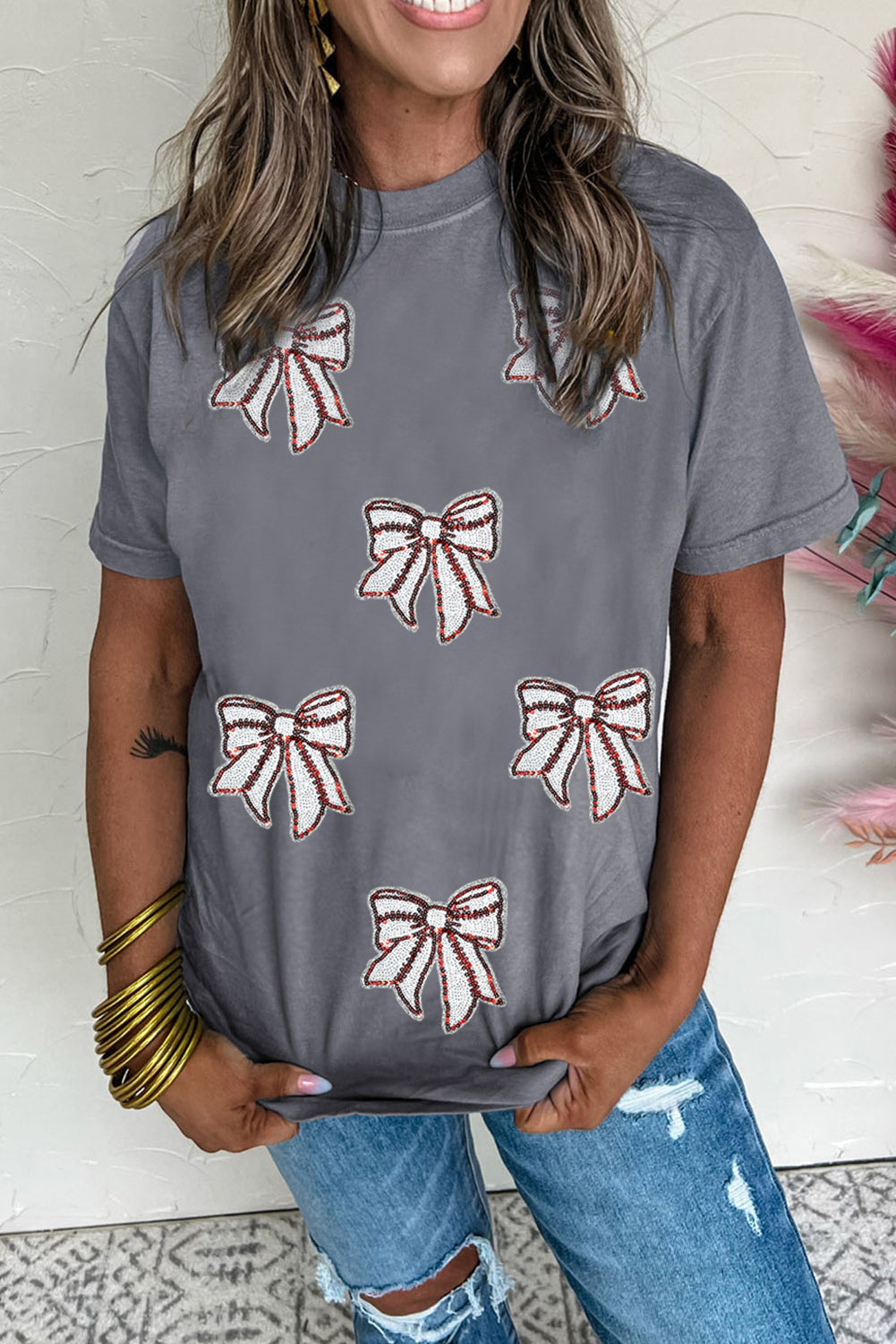 Gray Sequin Bow Baseball Fashion Graphic Tee