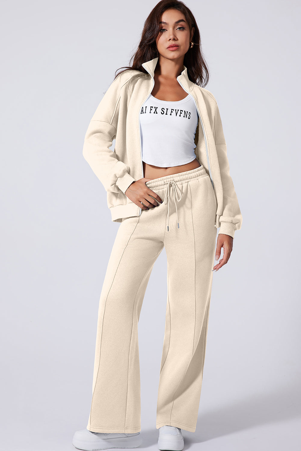 Beige Drop Shoulder Zip Up Jacket Drawstring Pants Active 2pcs Set