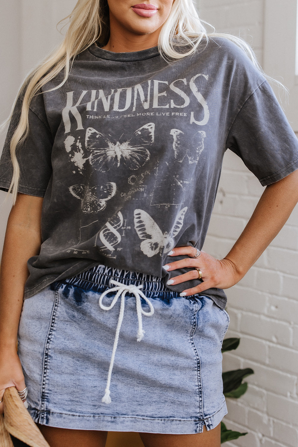 Dark Grey Kindness Butterflies Graphic Mineral Wash Loose Tee