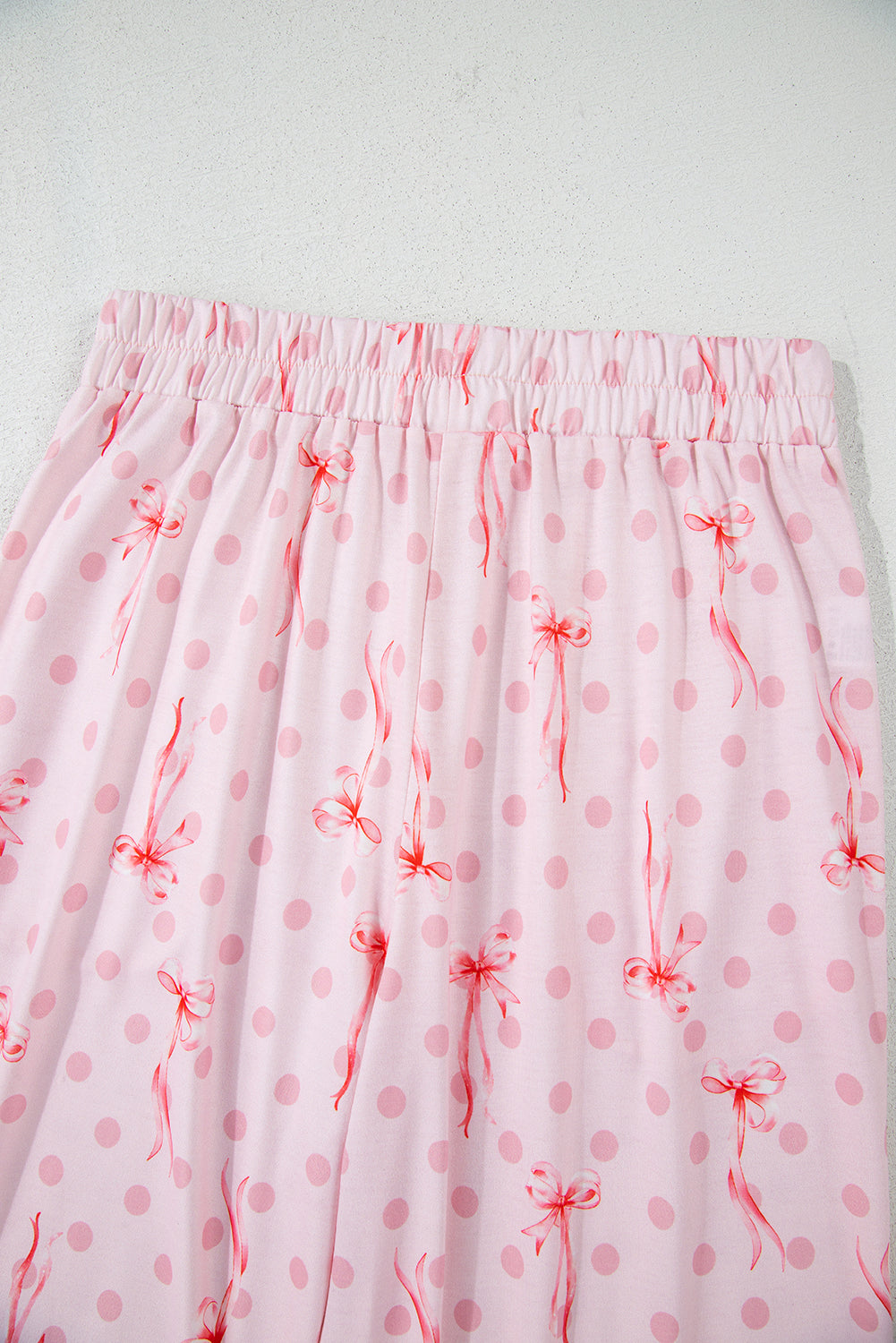 Pink Bow Knot Polka Dot Print Short Sleeve Top Lounge Set