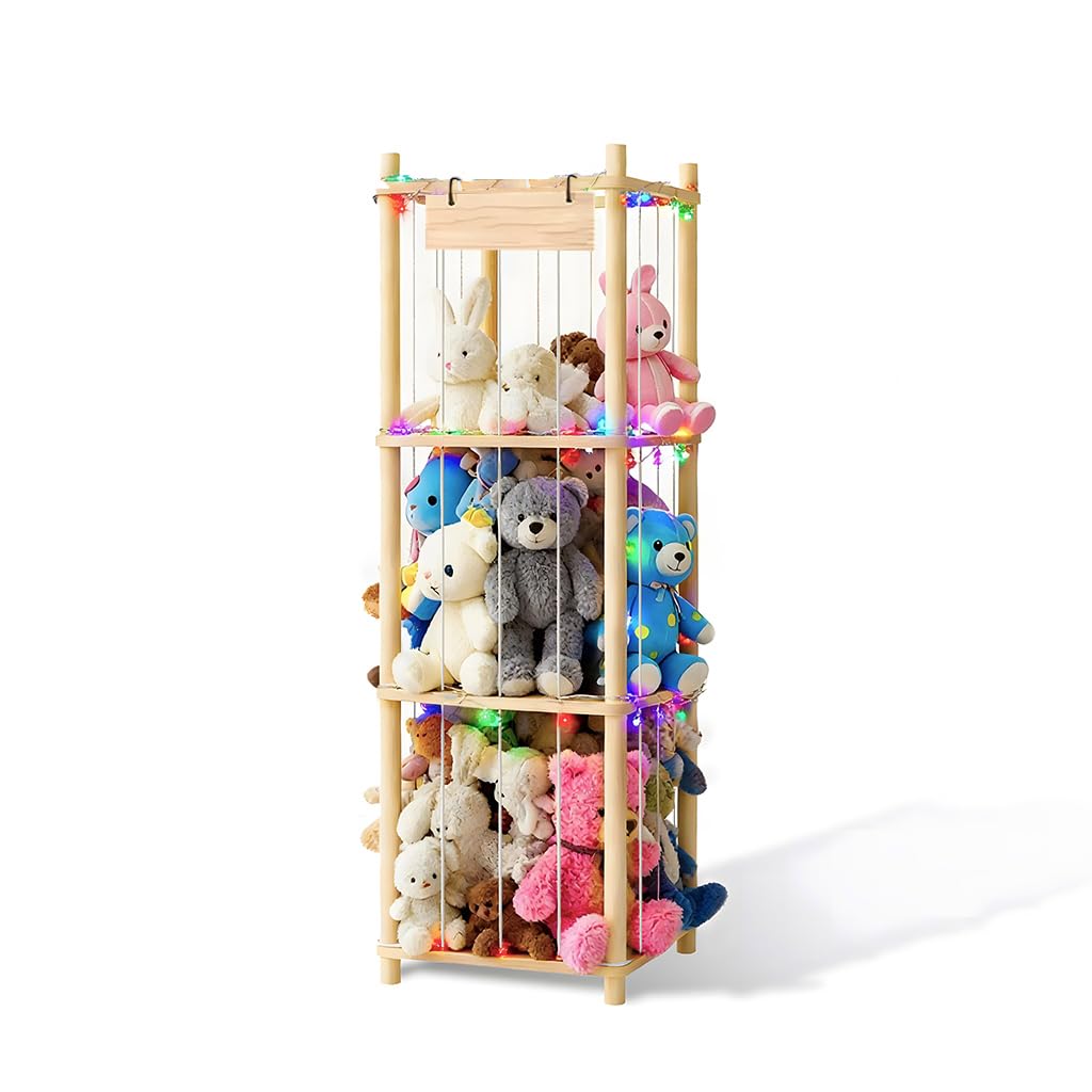 Stuffed Animal Storage Zoo Organizer Wooden Toy Holder with Elastic Bands & Mesh Net Space Saving Vertical Design for Playroom Nursery Kids Bedroom