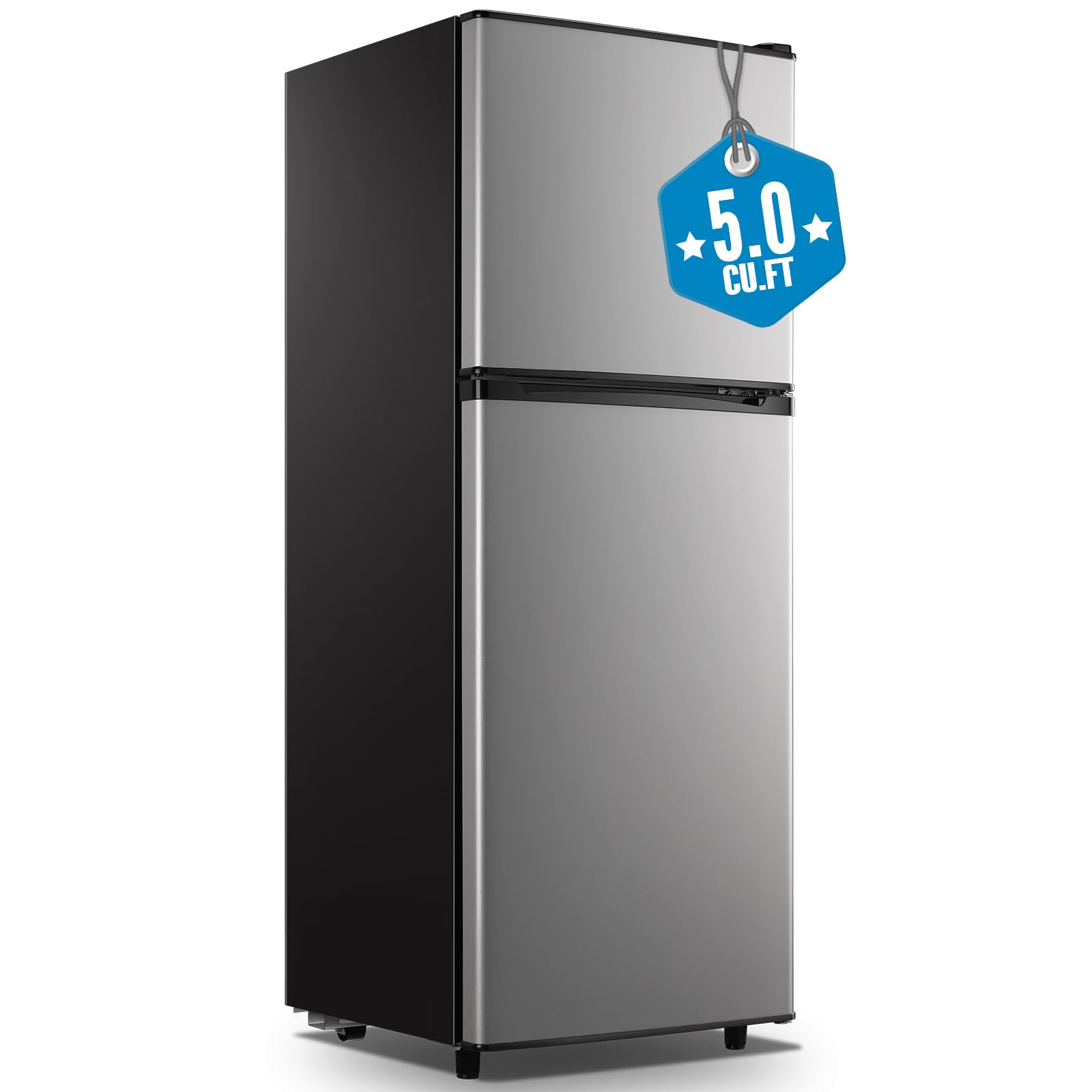 WANAI Large Capacity Fridge with Freezer, 5.0 CU.FT Refrigerator with 2 Door & 7 Gear Mechanical Control & Side Bottle Rack, LED Light, Ideal for Dorm, Kitchen, Apartment, Office, Black