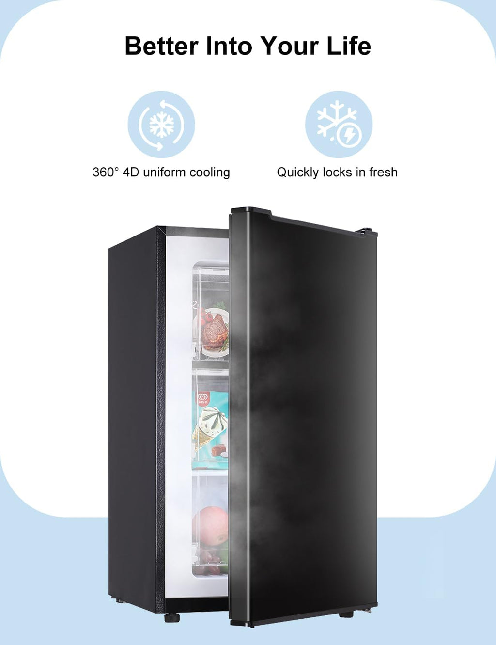 Upright Freezer, 3.2 Cu Ft Mini Small Deep Freezer for 1-2 People, Portable Compact Freezer with 3 Plastic Baffles, 4D Cooling & 40dB Ultra-Quiet, Fast Freeze (-13°F) - Black