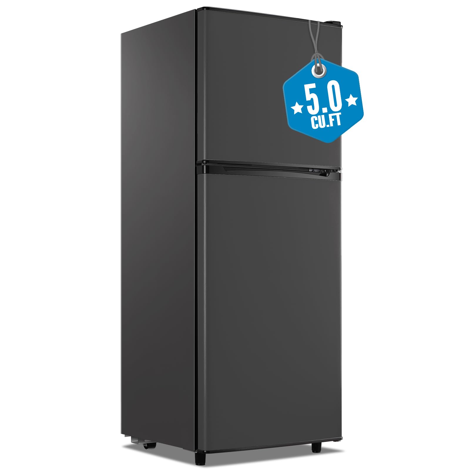 WANAI Large Capacity Fridge with Freezer, 5.0 CU.FT Refrigerator with 2 Door & 7 Gear Mechanical Control & Side Bottle Rack, LED Light, Ideal for Dorm, Kitchen, Apartment, Office, Black