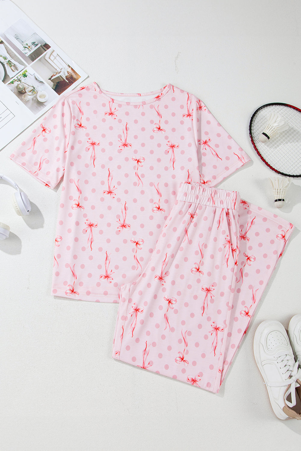 Pink Bow Knot Polka Dot Print Short Sleeve Top Lounge Set