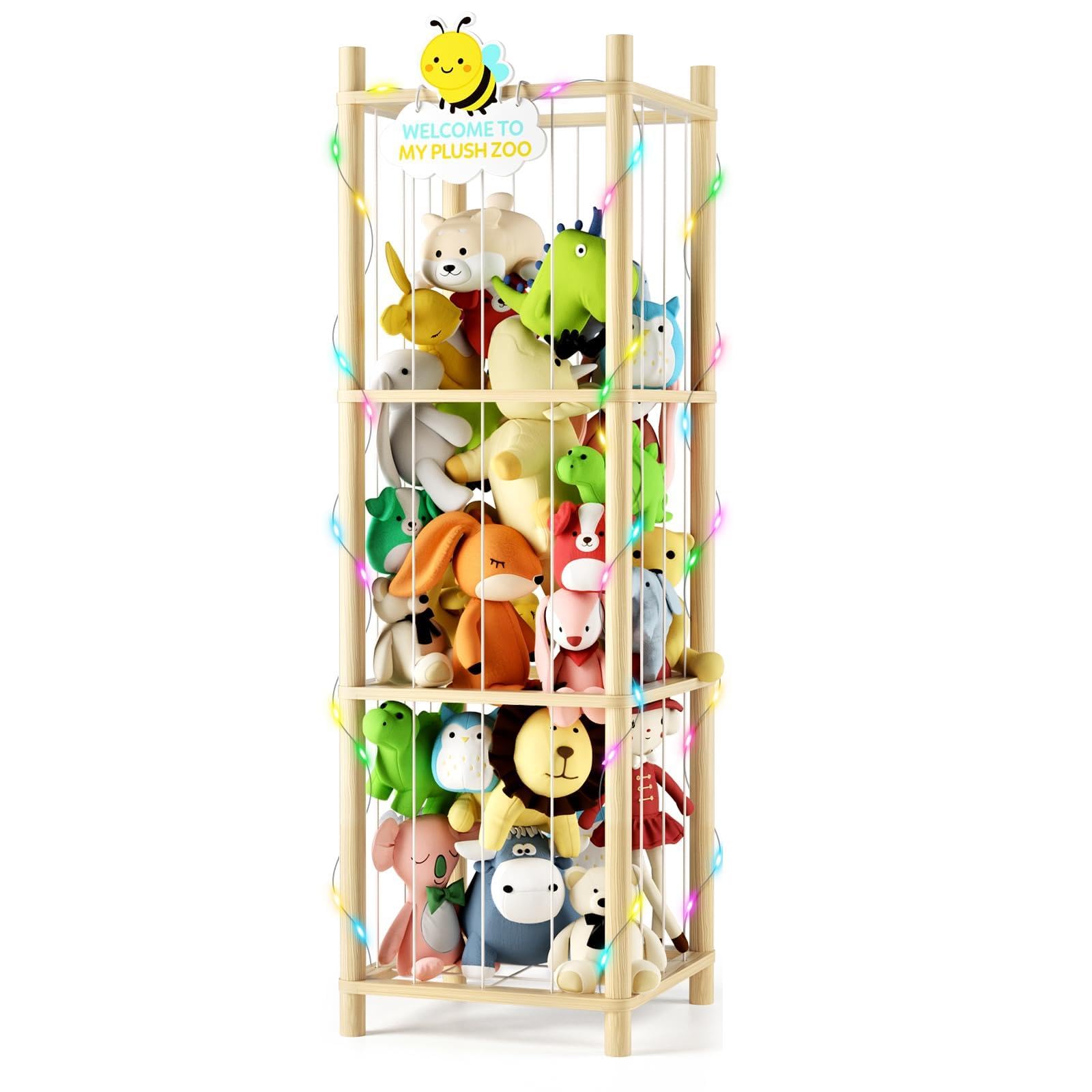 Stuffed Animal Storage Zoo Organizer Wooden Toy Holder with Elastic Bands & Mesh Net Space Saving Vertical Design for Playroom Nursery Kids Bedroom