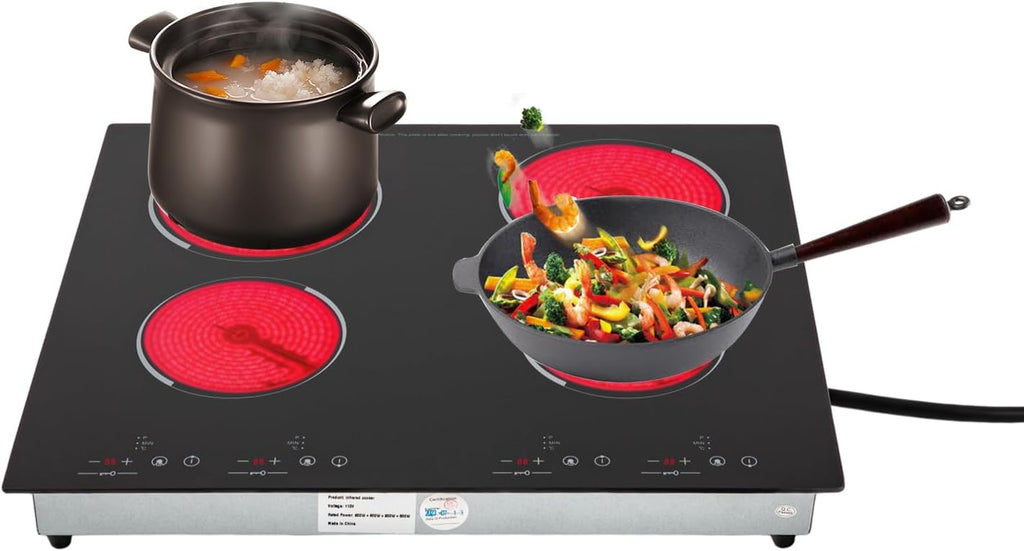 3000W 110V Electric Cooktop 4 Burners, 24 Inch Portable Built-In Countertop Ceramic Stove Top Built-in Cooktop Sensor Touch Control with Safety Lock & Timer 9 Power Levels no plug