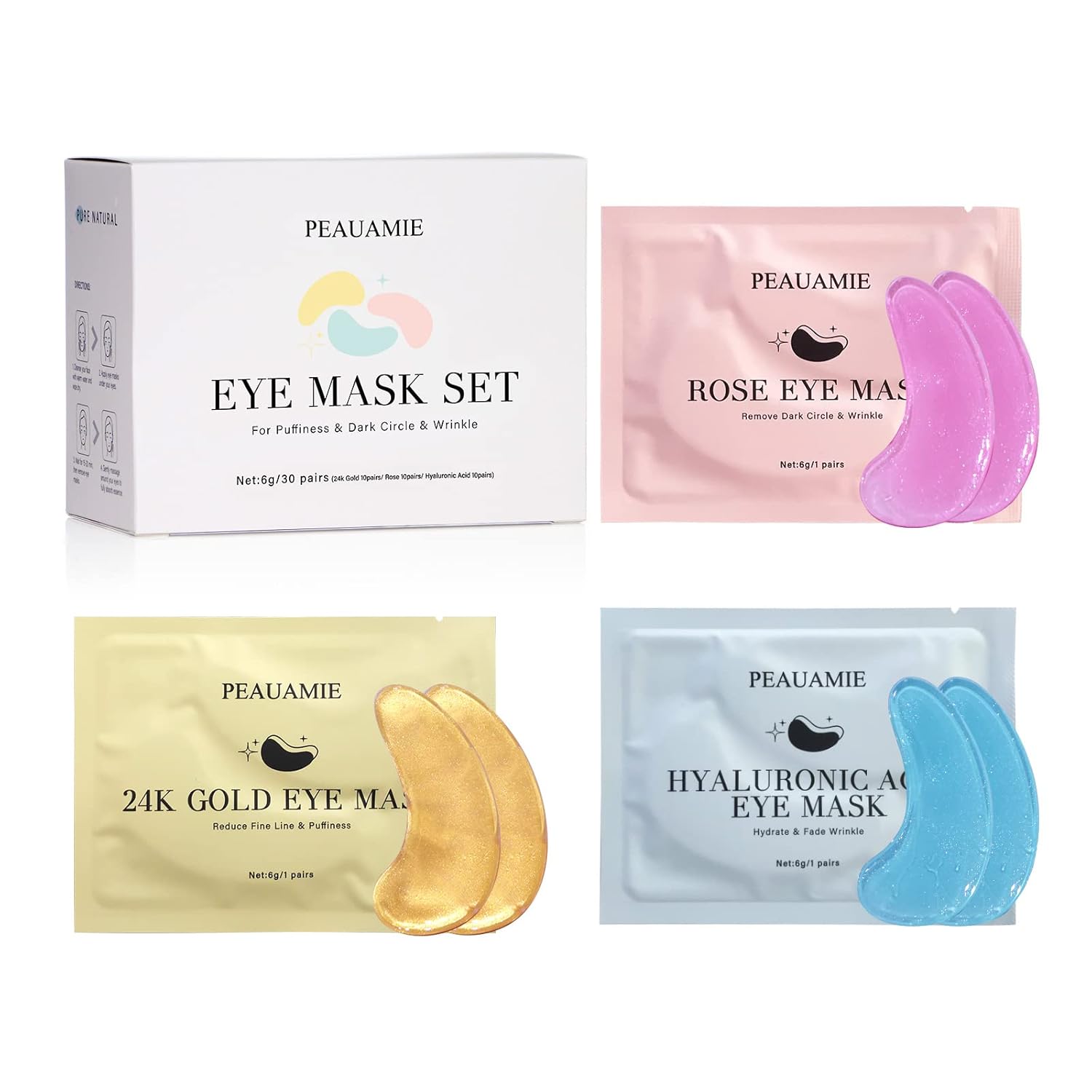 Under Eye Patches Gold and Hyaluronic Acid for puffy eyes,Rose Eye Masks for Dark Circles and Puffiness skin care Smooth Wrinkles products 30 Pairs