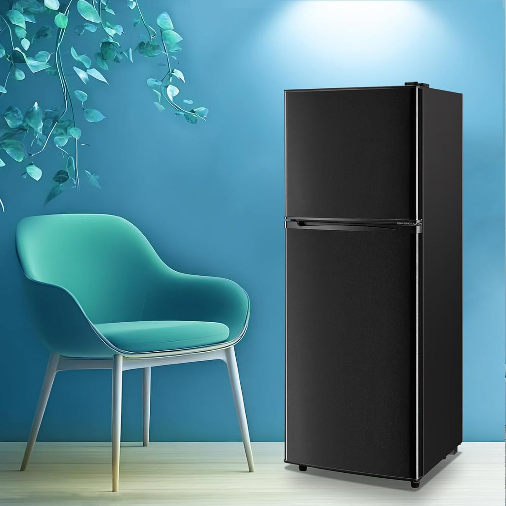 WANAI Large Capacity Fridge with Freezer, 5.0 CU.FT Refrigerator with 2 Door & 7 Gear Mechanical Control & Side Bottle Rack, LED Light, Ideal for Dorm, Kitchen, Apartment, Office, Black
