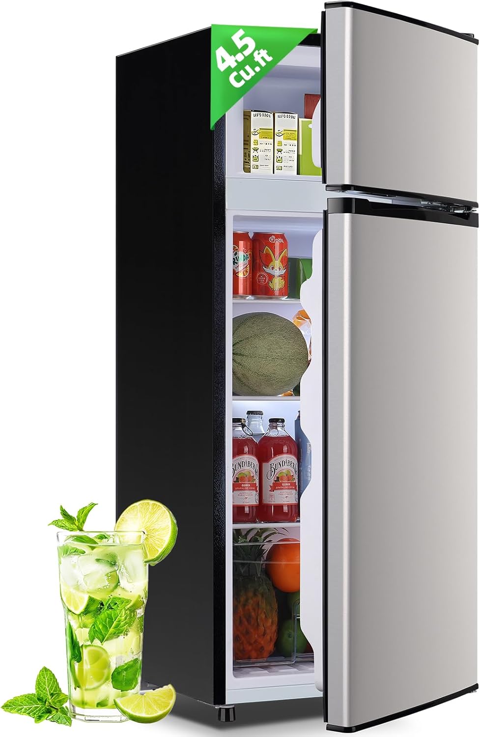 DEMULELR 4.5Cu.ft Refrigerator with Freezer Two Door Fridge with Removable Glass Shelves, Crisper Drawer & Extra Drink Space, LED Light, Apartment Size Fridge for Dorm Silver