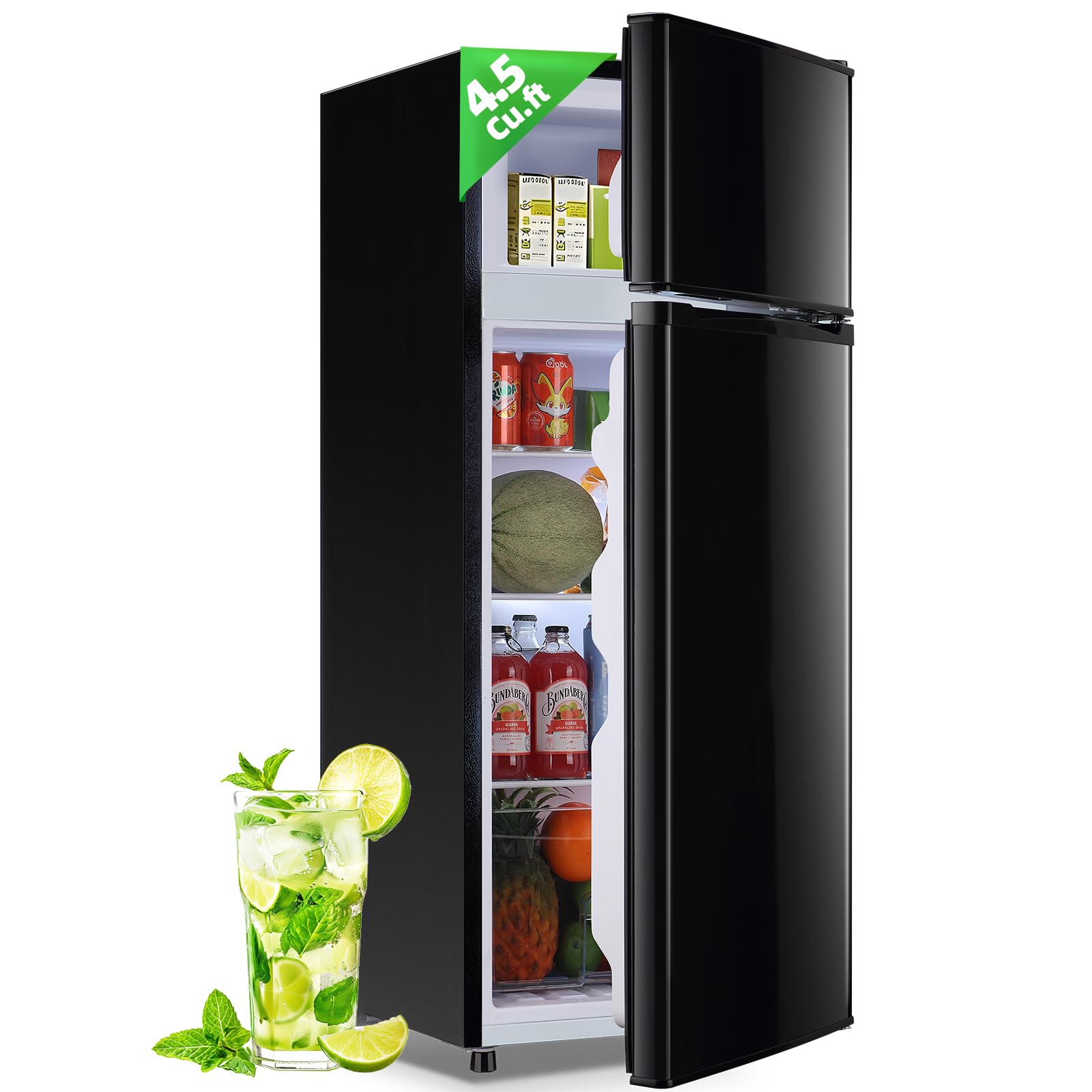 DEMULELR 4.5Cu.ft Refrigerator with Freezer Two Door Fridge with Removable Glass Shelves, Crisper Drawer & Extra Drink Space, LED Light, Apartment Size Fridge for Dorm Silver