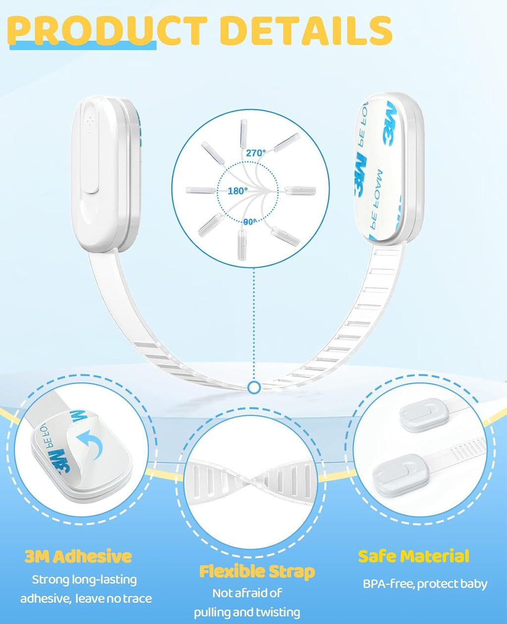 10 Pack Cabinet Locks Baby Proofing, Child Proof Cabinet Locks with 3M Adhesive - Easy Installation with Adjustable Straps, Multi-Purpose Child Safety Latches for Drawers Fridge Trash Cans Toilets