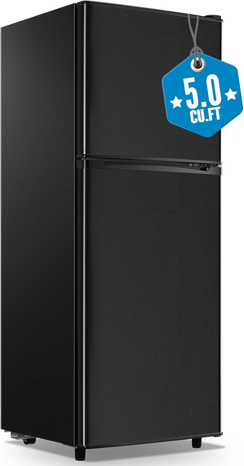WANAI Large Capacity Fridge with Freezer, 5.0 CU.FT Refrigerator with 2 Door & 7 Gear Mechanical Control & Side Bottle Rack, LED Light, Ideal for Dorm, Kitchen, Apartment, Office, Black
