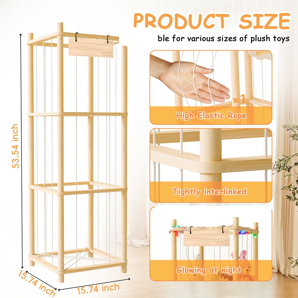 Stuffed Animal Storage Zoo Organizer Wooden Toy Holder with Elastic Bands & Mesh Net Space Saving Vertical Design for Playroom Nursery Kids Bedroom