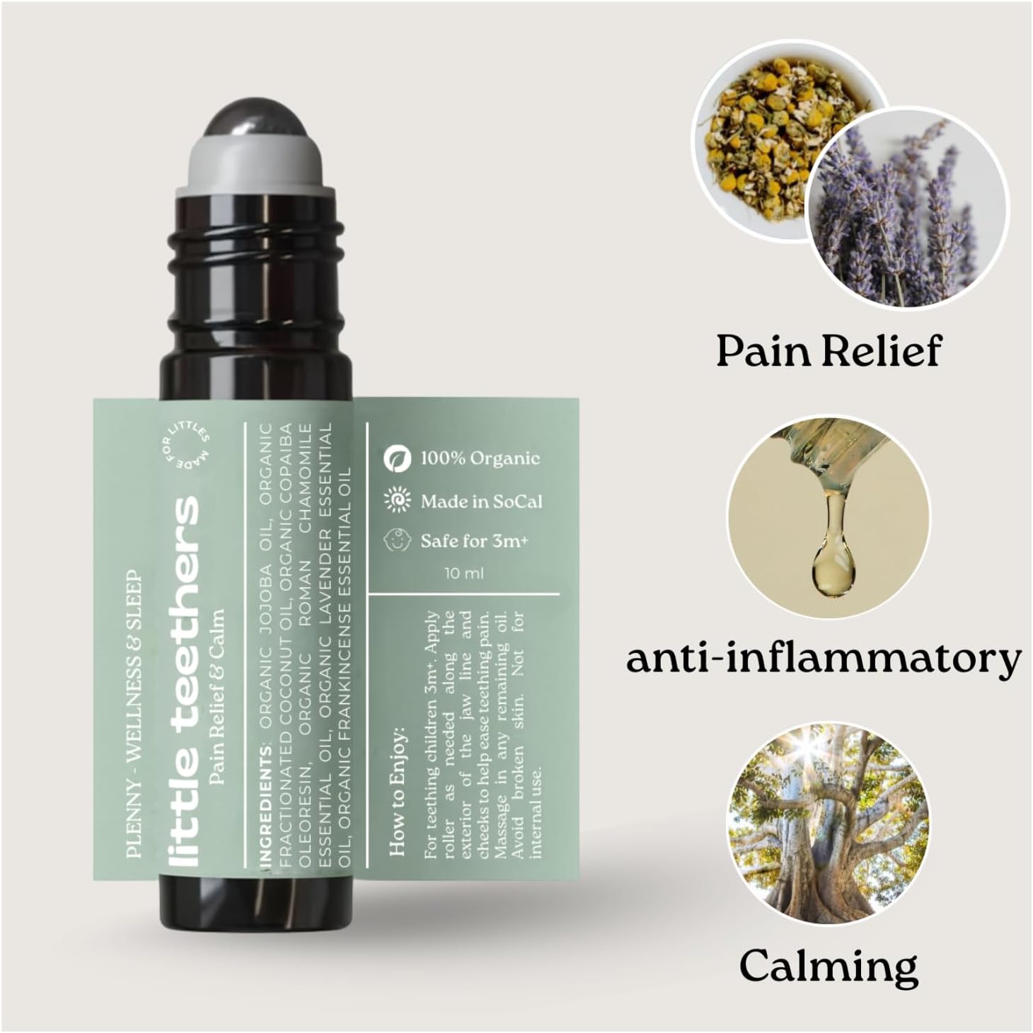 Natural Teething Relief Roller with Organic Essential Oils, 3 Months+, Made with Jojoba Oil, Chamomile, Lavender, Frankincense