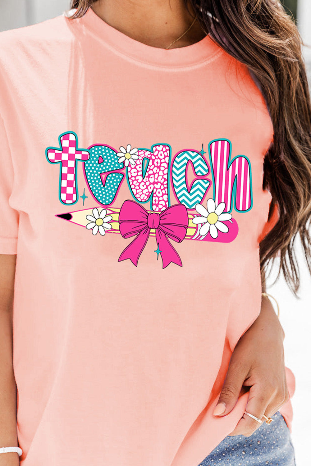 Pink Preppy Retro Checkered Coquette Teach Graphic T-Shirt