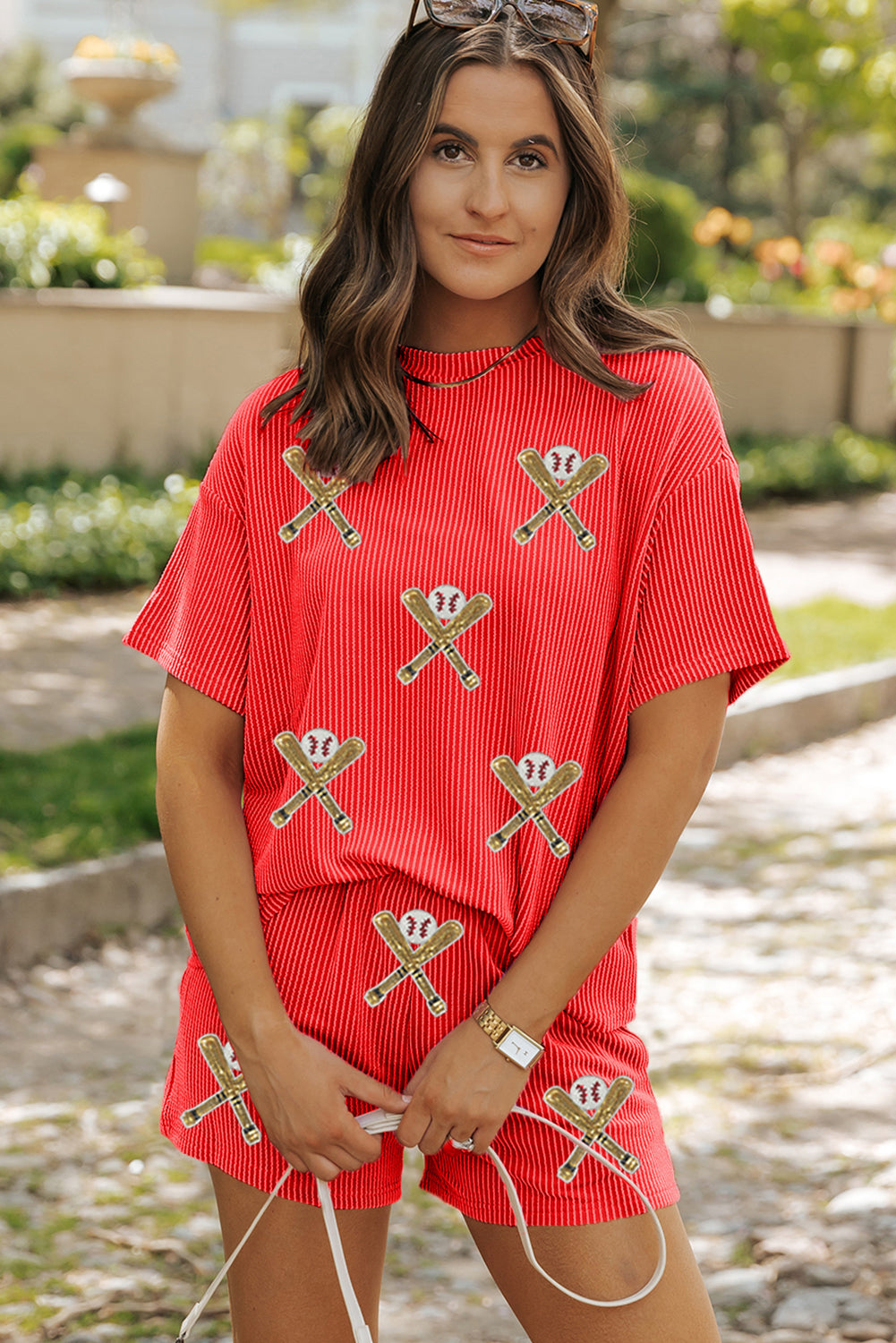 Orange Twisted Ribbed Sequin Baseball Patched 2pcs Short Set