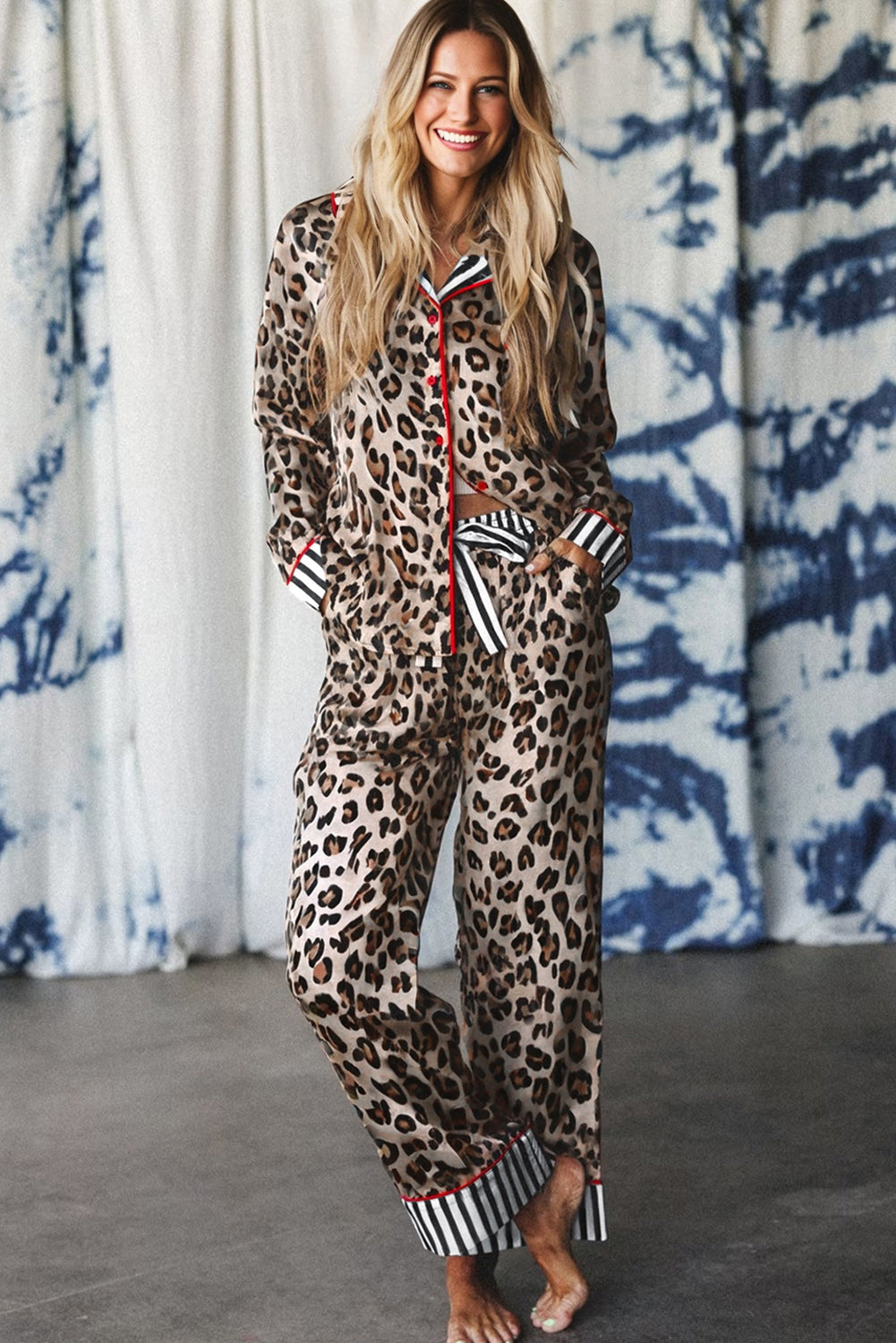 Khaki Leopard Print Colorblock Striped Edge Shirt and Pants Pajama Set