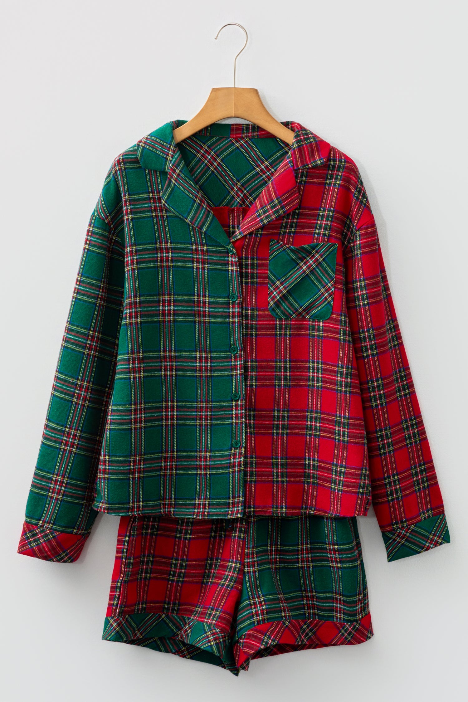Red Plaid Contrast Patched Christmas Holiday Long Sleeve Shirt and Short 2pcs Pajama Set