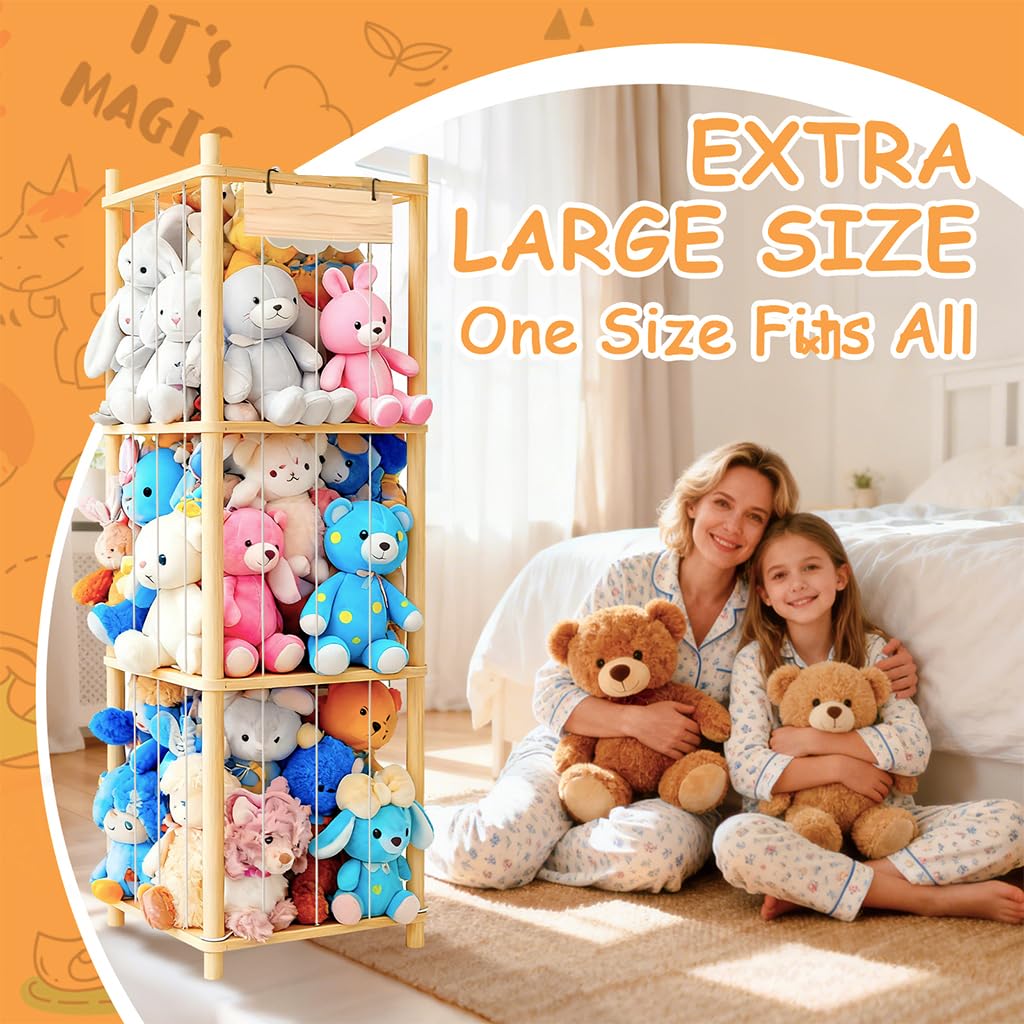 Stuffed Animal Storage Zoo Organizer Wooden Toy Holder with Elastic Bands & Mesh Net Space Saving Vertical Design for Playroom Nursery Kids Bedroom