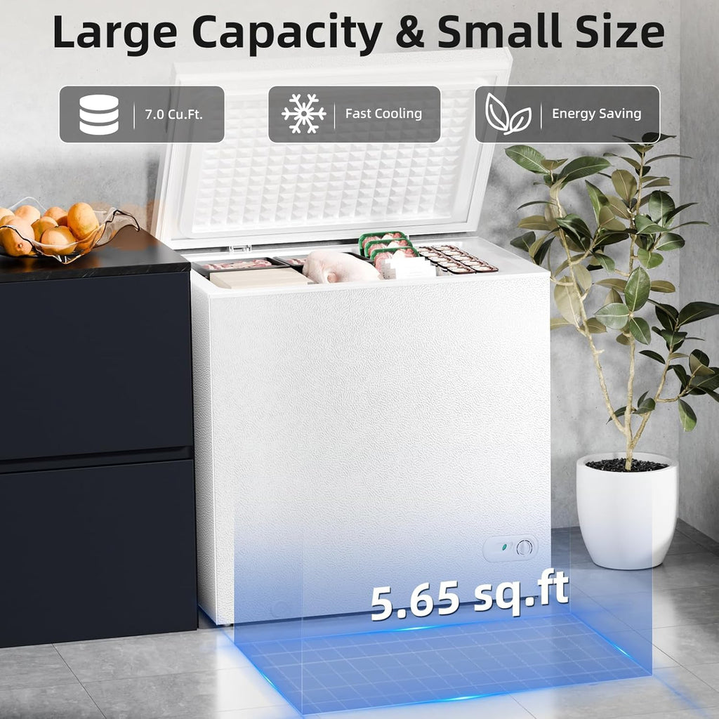 Antarctic Star 7.0 Cu.ft Chest Freezer 6.8℉to -4℉with Removable Basket Free Standing Top open Door Compact Freezer with Adjustable 7 Temperature Defrost Water Drain/Power Saving UL Certified White