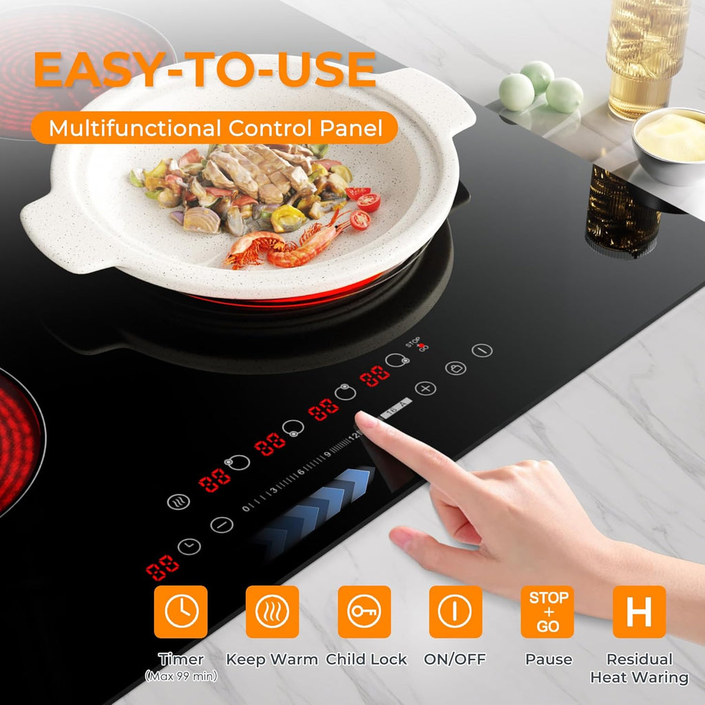EUHOMY 24 inch 4 Burners Cooktop, 220V Electric Stove Top Burner, 6000W Built-in Electric Burners for Cooking, 16 Level and Touch Control, Child Lock, Timer, Residual Heat Indicator, No Plug