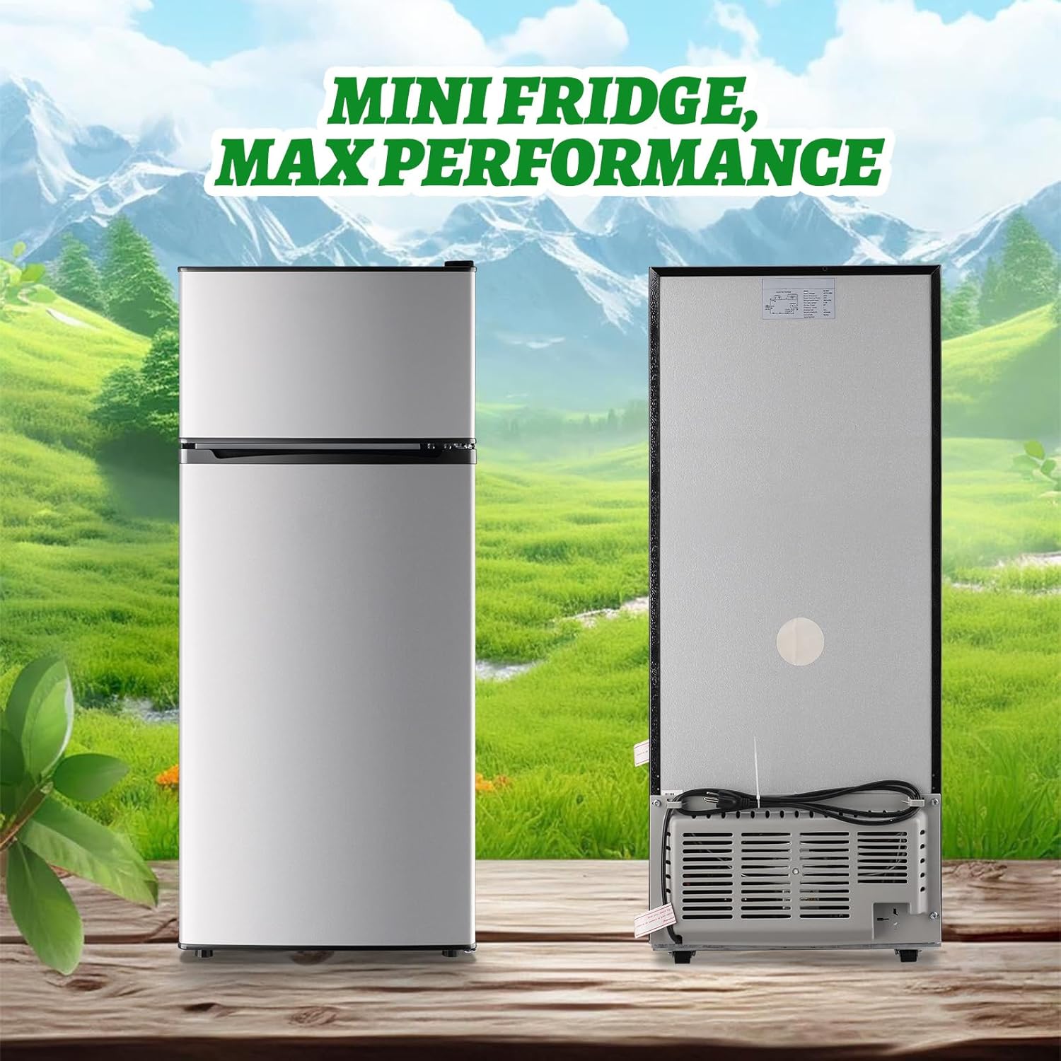 DEMULELR 4.5Cu.ft Refrigerator with Freezer Two Door Fridge with Removable Glass Shelves, Crisper Drawer & Extra Drink Space, LED Light, Apartment Size Fridge for Dorm Silver