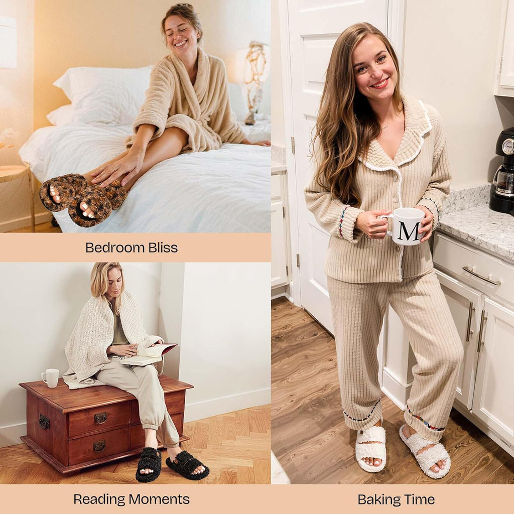 EverFoams Womens Fuzzy Open-toe Slippers Soft Comfy Memory Foam Indoor House Shoes