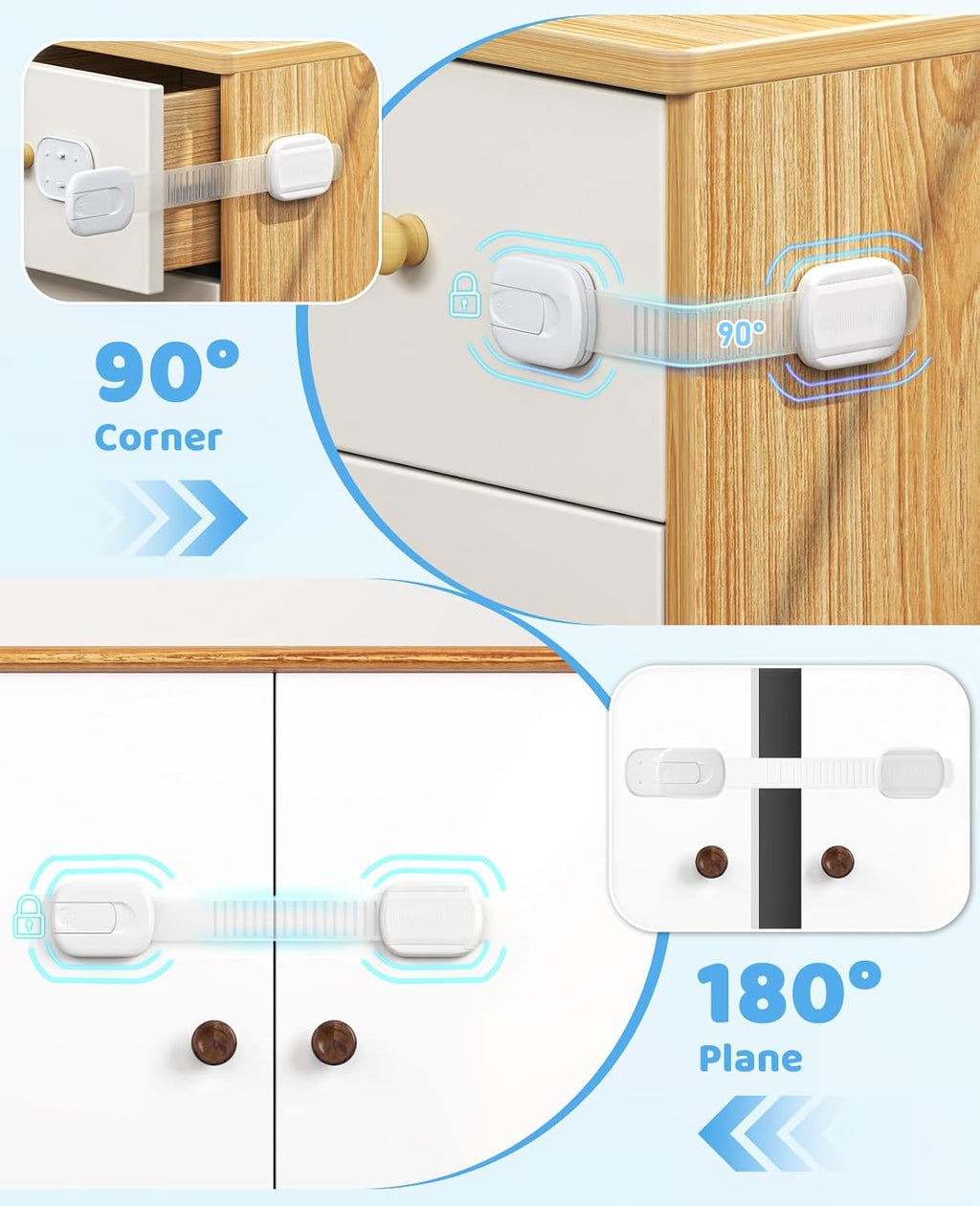 10 Pack Cabinet Locks Baby Proofing, Child Proof Cabinet Locks with 3M Adhesive - Easy Installation with Adjustable Straps, Multi-Purpose Child Safety Latches for Drawers Fridge Trash Cans Toilets