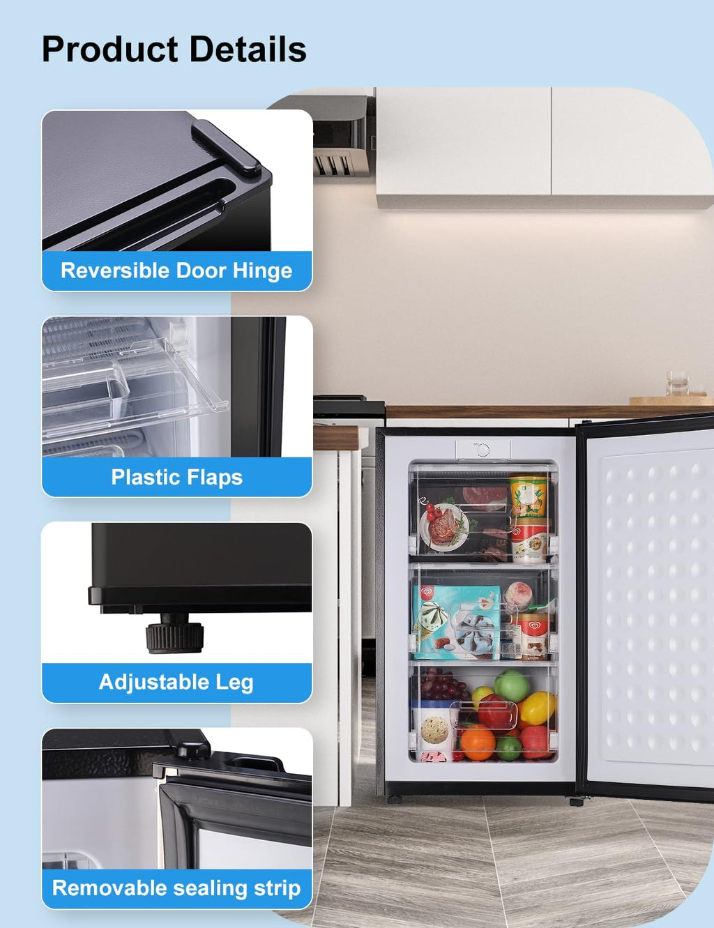 Upright Freezer, 3.2 Cu Ft Mini Small Deep Freezer for 1-2 People, Portable Compact Freezer with 3 Plastic Baffles, 4D Cooling & 40dB Ultra-Quiet, Fast Freeze (-13°F) - Black