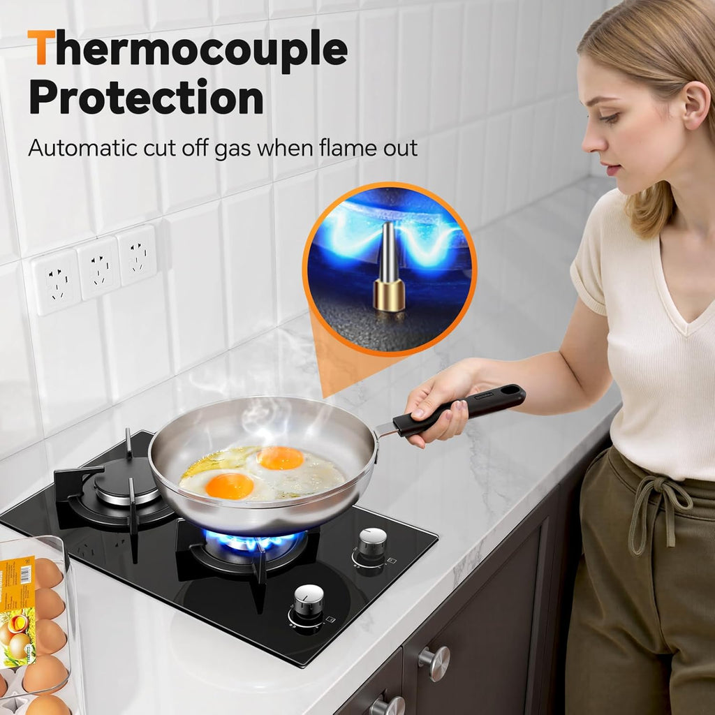 Gas Stove 2 Burner, Propane Cooktop 12 Inch, Built-in Gas Cooktop Black Tempered Glass Stove Top with Thermocouple Protection, LPG/NG Dual Fuel Hob for Apartment, Kitchen, RV