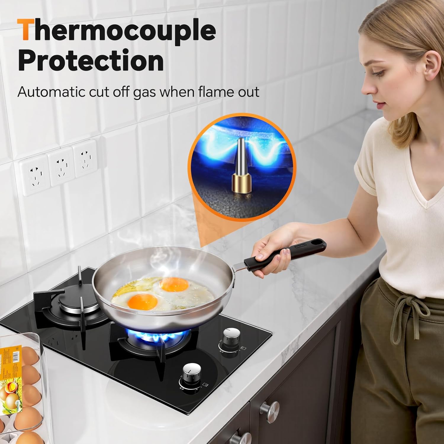 Gas Stove 2 Burner, Propane Cooktop 12 Inch, Built-in Gas Cooktop Black Tempered Glass Stove Top with Thermocouple Protection, LPG/NG Dual Fuel Hob for Apartment, Kitchen, RV