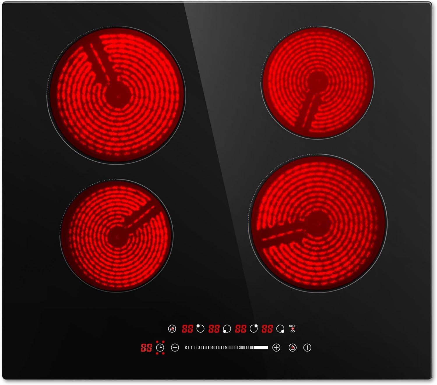 EUHOMY 24 inch 4 Burners Cooktop, 220V Electric Stove Top Burner, 6000W Built-in Electric Burners for Cooking, 16 Level and Touch Control, Child Lock, Timer, Residual Heat Indicator, No Plug