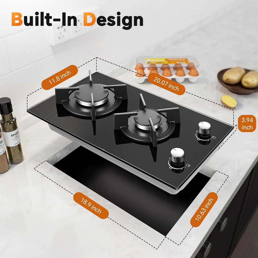 Gas Stove 2 Burner, Propane Cooktop 12 Inch, Built-in Gas Cooktop Black Tempered Glass Stove Top with Thermocouple Protection, LPG/NG Dual Fuel Hob for Apartment, Kitchen, RV