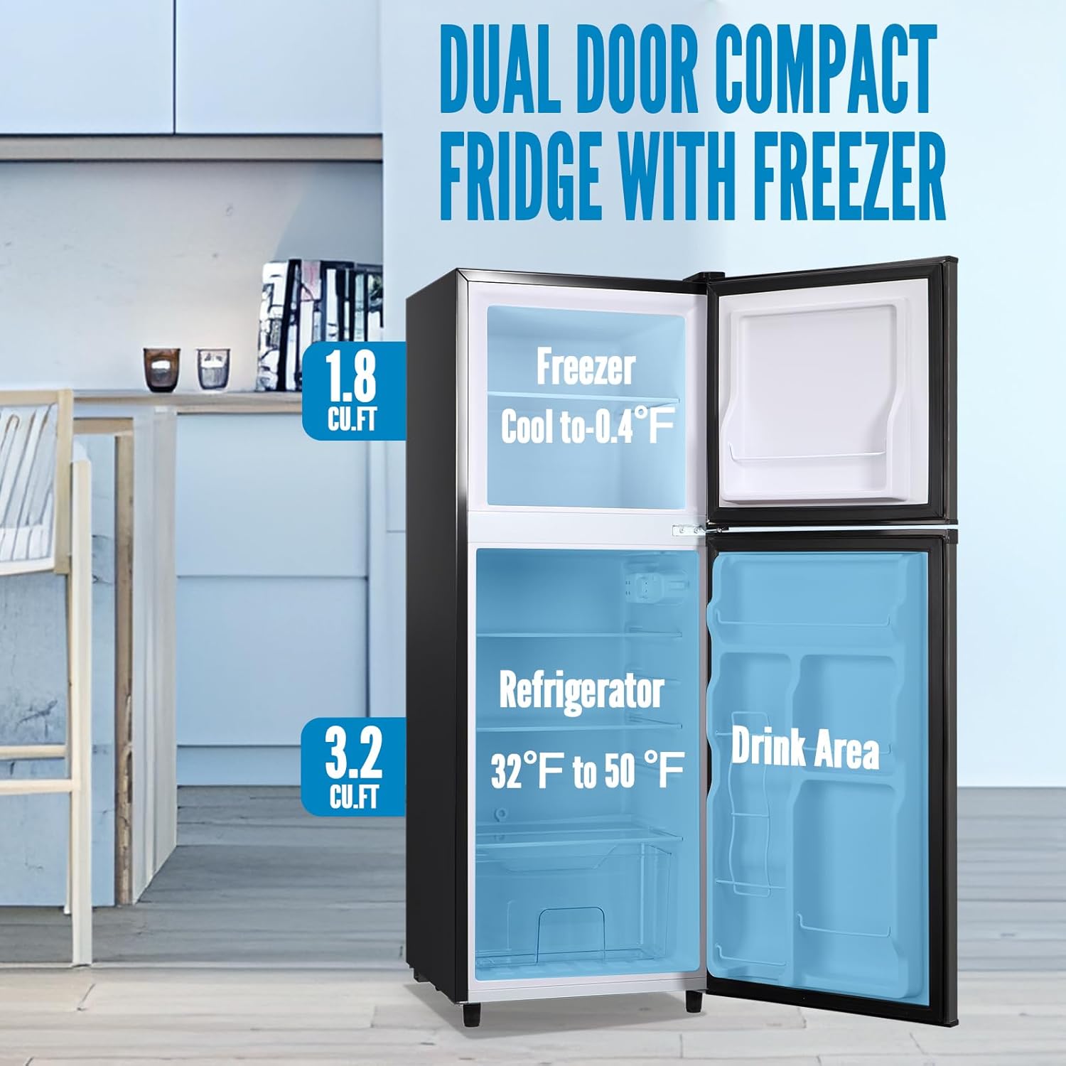 WANAI Large Capacity Fridge with Freezer, 5.0 CU.FT Refrigerator with 2 Door & 7 Gear Mechanical Control & Side Bottle Rack, LED Light, Ideal for Dorm, Kitchen, Apartment, Office, Black