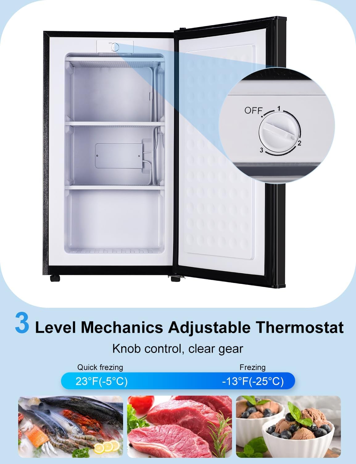 Upright Freezer, 3.2 Cu Ft Mini Small Deep Freezer for 1-2 People, Portable Compact Freezer with 3 Plastic Baffles, 4D Cooling & 40dB Ultra-Quiet, Fast Freeze (-13°F) - Black