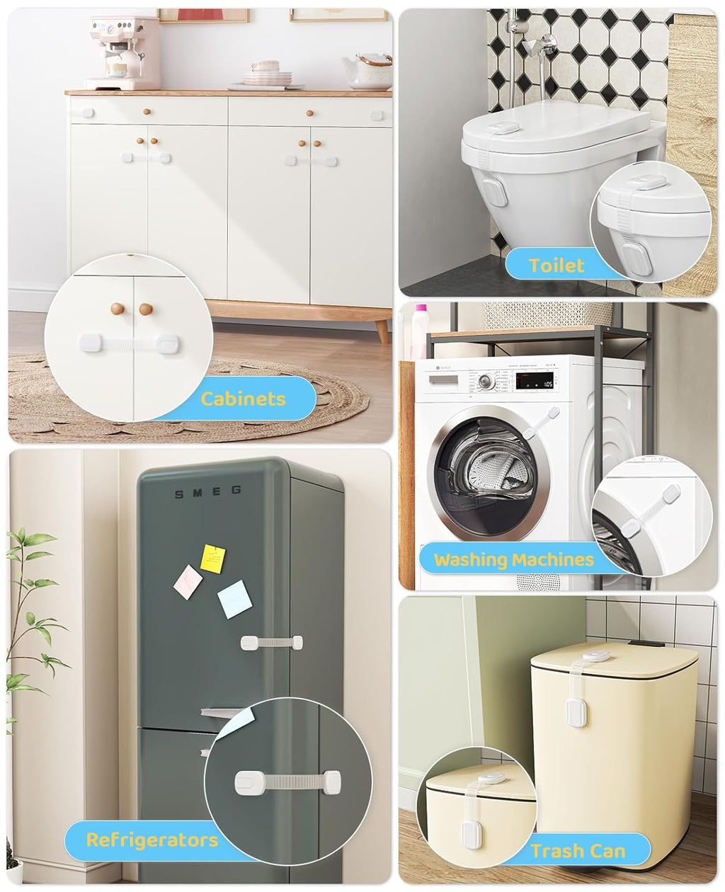 10 Pack Cabinet Locks Baby Proofing, Child Proof Cabinet Locks with 3M Adhesive - Easy Installation with Adjustable Straps, Multi-Purpose Child Safety Latches for Drawers Fridge Trash Cans Toilets