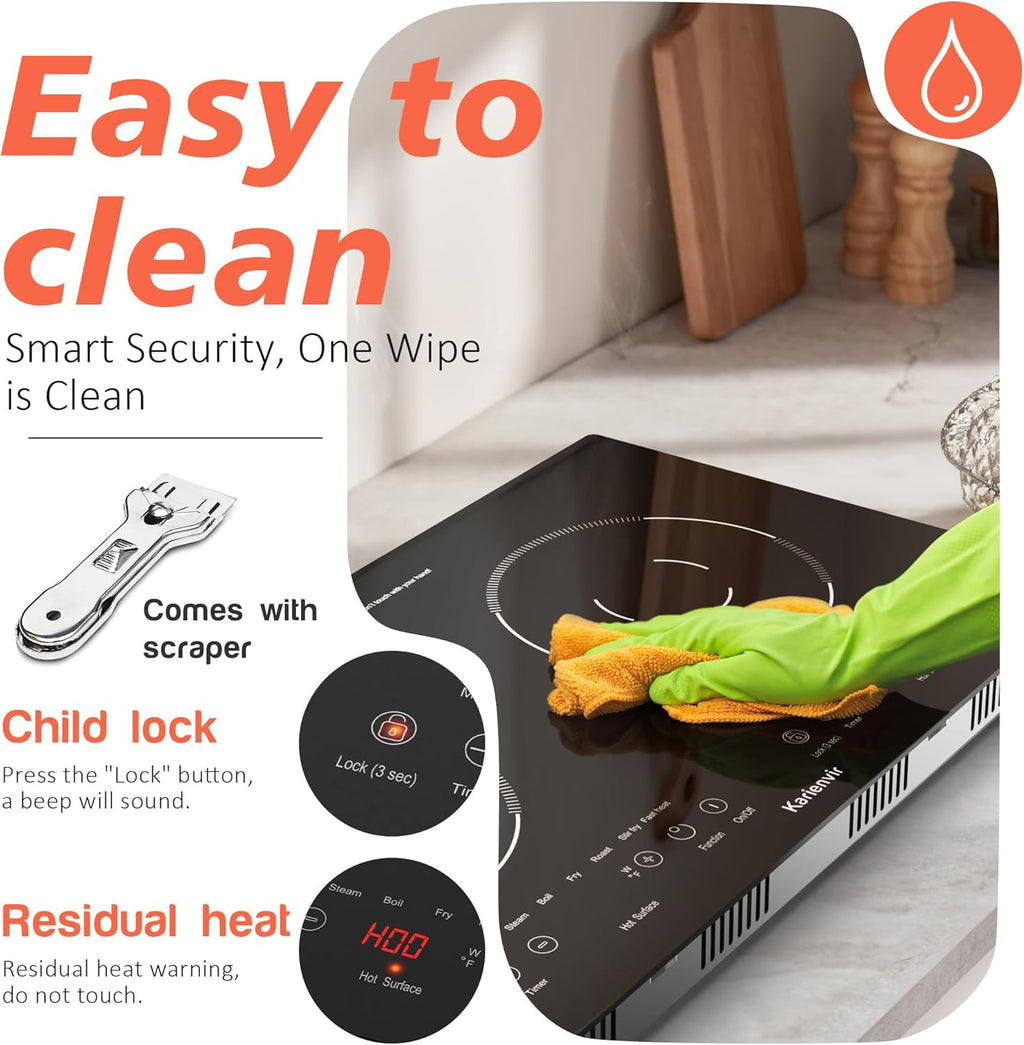 2 Burner Electric Cooktop 110v, 2000W Electric Stove Top Countertop & Built-in, Plug-in Electrics Cooktop 24 Inch, 8 Power Levels & 8 Functions, Touch Control, Safety Lock, Timer, Karienvir