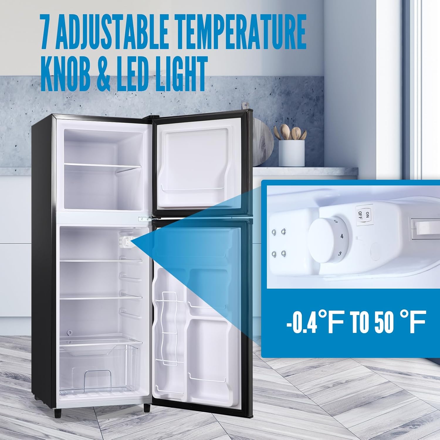 WANAI Large Capacity Fridge with Freezer, 5.0 CU.FT Refrigerator with 2 Door & 7 Gear Mechanical Control & Side Bottle Rack, LED Light, Ideal for Dorm, Kitchen, Apartment, Office, Black