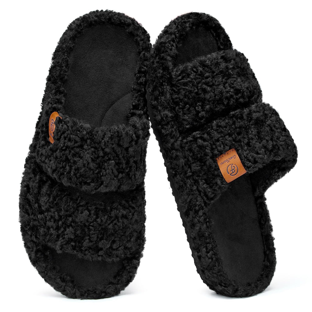 EverFoams Womens Fuzzy Open-toe Slippers Soft Comfy Memory Foam Indoor House Shoes